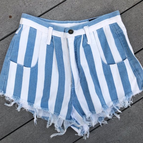 Not Guilty Cutoff Striped High Waist Fringe Jean Shorts Size S Made in USA - Picture 1 of 6